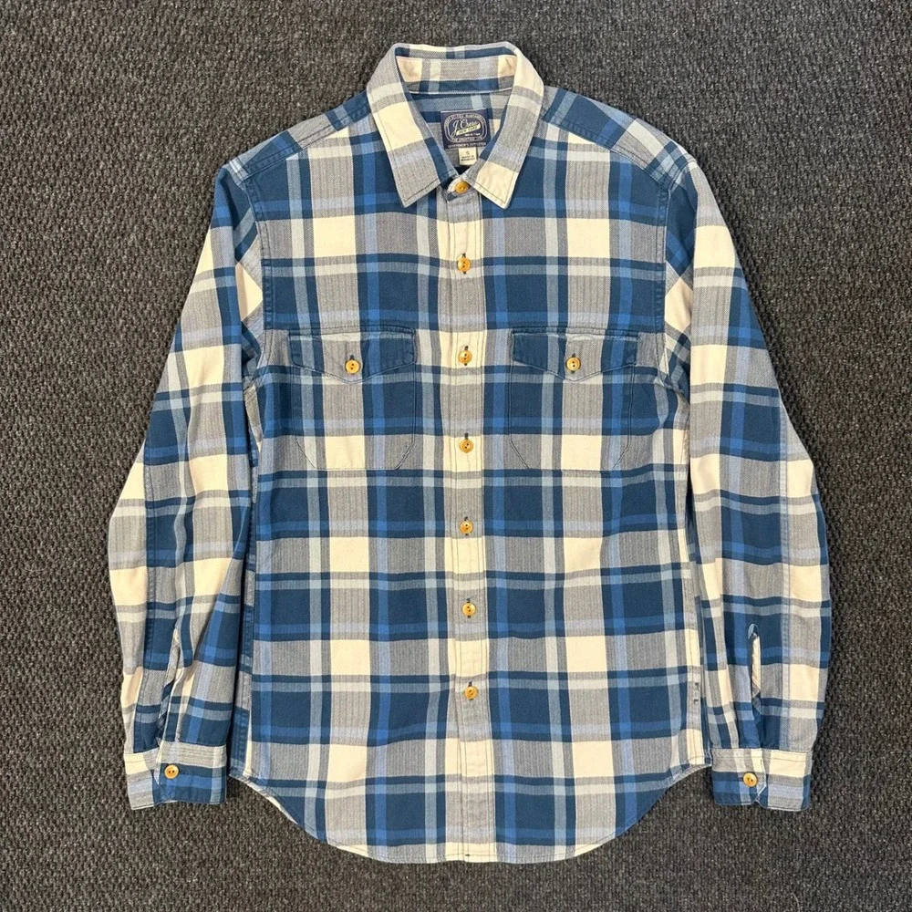 J. Crew Flannel Shirts Lot of 2 Mens S Red Blue Herringbone Plaid Long Sleeve